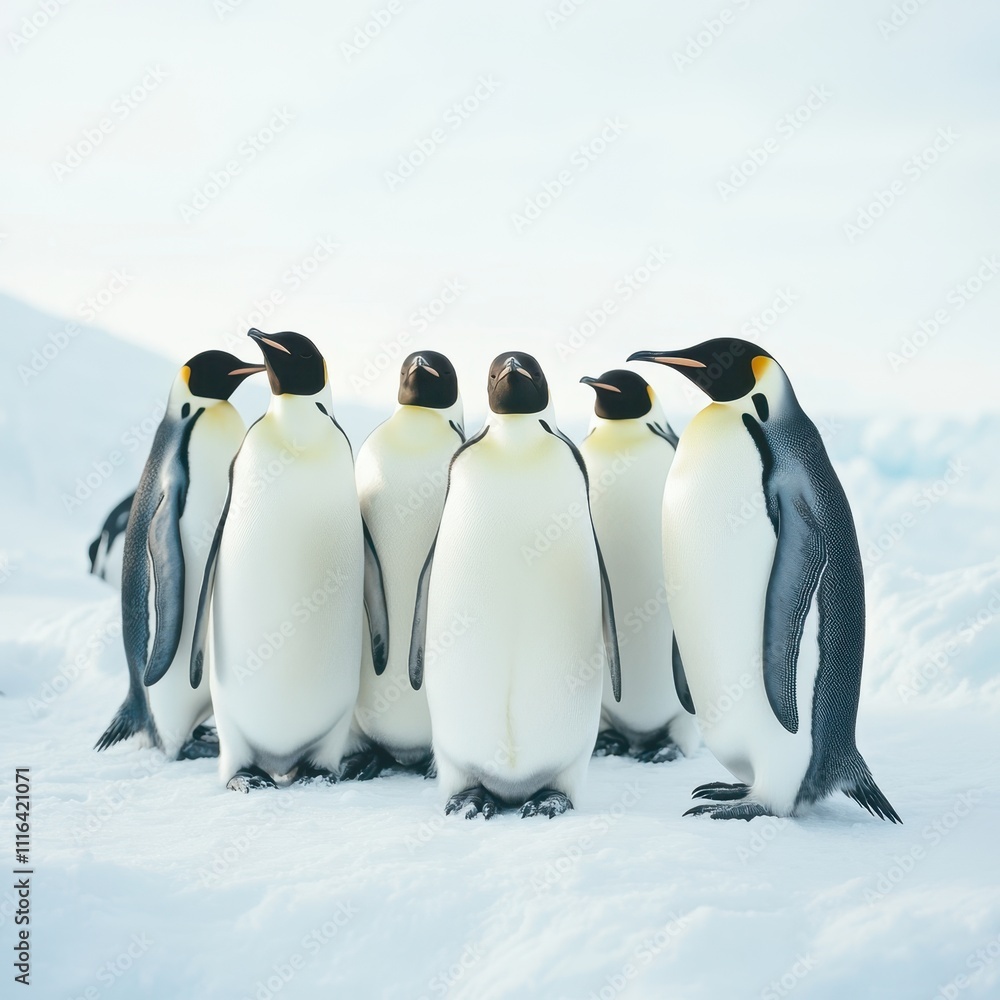 Fototapeta premium A charming group of penguins huddles together in a snowy landscape, showcasing their unique features and social behavior, This image can be used for educational materials, wildlife articles