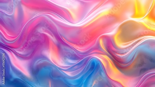 Shiny silk-like waves in vibrant pink, blue, and yellow tones creating a luxurious abstract texture.