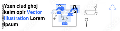 People shopping online with digital carts and robots. Ideal for e-commerce, automation, online shopping, digital transactions, innovation, technology, web services customer engagement. Landing page