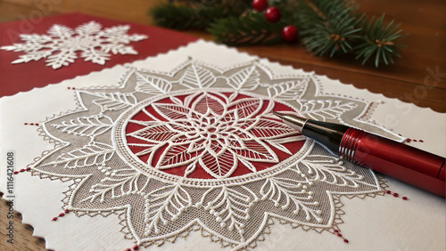 Elegant Christmas market decoration, festive mood, intricate lace and candy canes, cozy backdrop photo