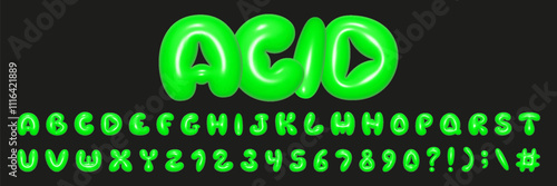 Baloon 3D font is acid green in Y2K style. Realistic vector illustration of a playful design inspired by 90s inflatable letters.