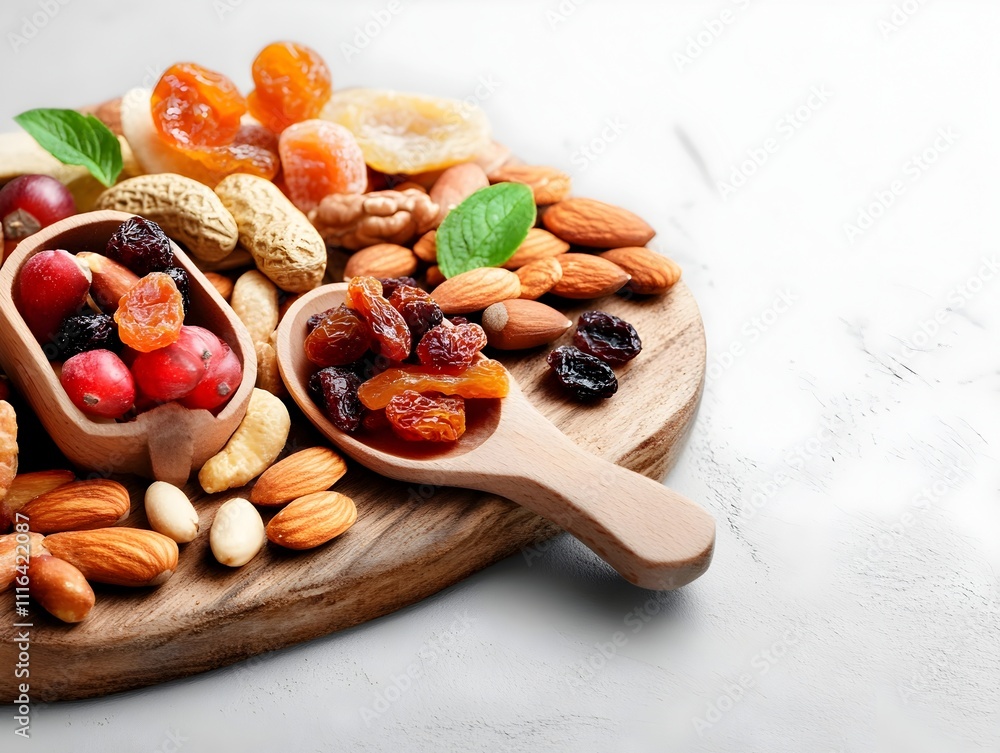 Rustic wooden board displaying an artful assortment of natural unprocessed snacks including various nuts dried fruit and earthy elements photographed in a warm Rustic wooden board displaying an artful assortment of natural unprocessed snacks including various nuts dried fruit and earthy elements photographed in a warm