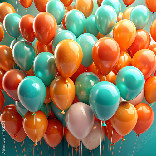 coral orange and turquoise balloons raising in the air 