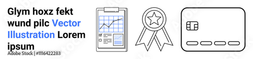 Financial report on clipboard, achievement medal, credit card outline, placeholder text Glym hoxz fekt wund pilc Vector Illustration Lorem ipsum. Ideal for financial reports, achievements, banking