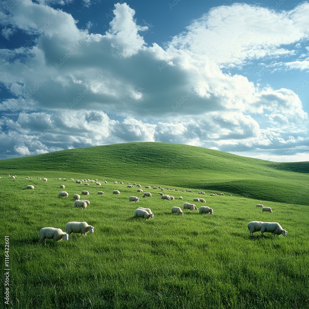 Fototapeta premium A serene landscape featuring sheep grazing on lush green hills under a blue sky with fluffy clouds, This image can be used for agricultural themes, nature articles, or rural lifestyle promotions,