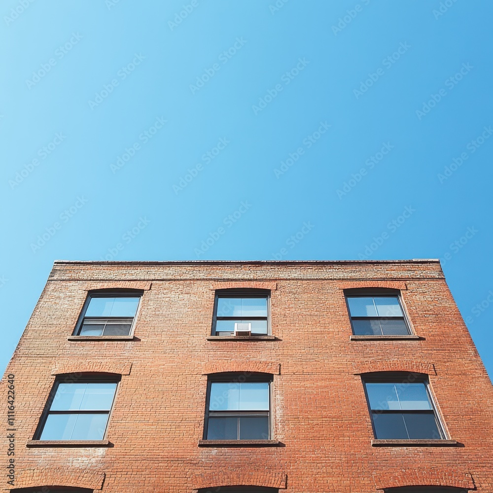 Obraz premium A close-up view of a brick building with several windows against a clear blue sky, ideal for architectural projects, real estate ads, or urban lifestyle content showcasing classic city design,