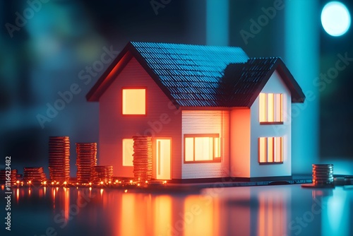 Wallpaper Mural Model house illuminated with coins creating a financial concept at nighttime Torontodigital.ca