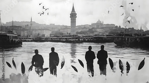 Silhouetted Figures Observing Istanbuls Harbor And Cityscape photo