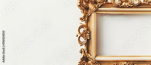 An ornate, empty gold picture frame against a pale wall, inviting imagination and exploration of art and space. photo