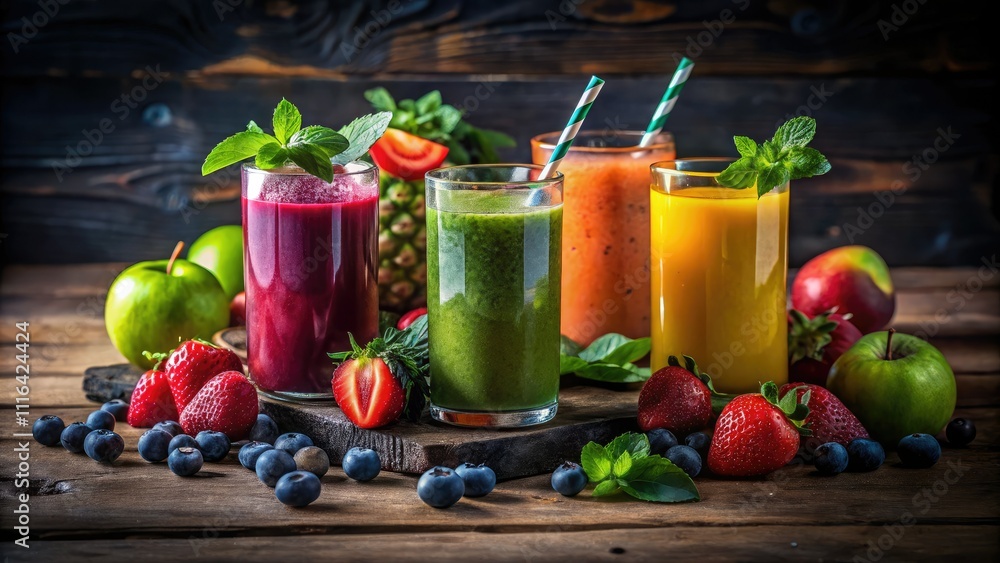 custom made wallpaper toronto digitalLively smoothies nestled among fresh fruits and greens, captured beautifully in low light, creating an inviting and atmospheric composition that emphasizes their vibrant colors.