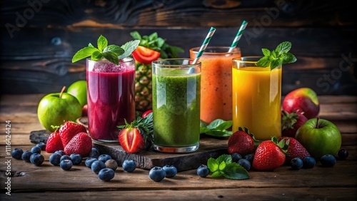 Wallpaper Mural Lively smoothies nestled among fresh fruits and greens, captured beautifully in low light, creating an inviting and atmospheric composition that emphasizes their vibrant colors. Torontodigital.ca