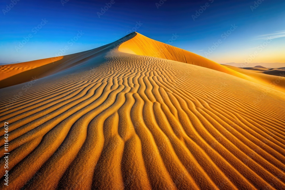 Naklejka premium Lone desert sand dune against a white backdrop showcases minimalist beauty, textured patterns of sand, inspiring urban exploration photography and evoking travel dreams in arid landscapes.