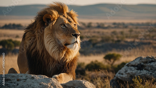 A large lion stands on a rock 