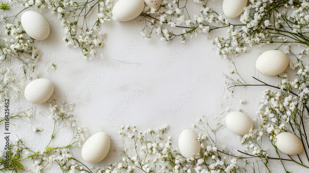 Easter background with a frame of white eggs and flowers and an empty center. Easter background with a frame of white eggs and flowers and an empty center.