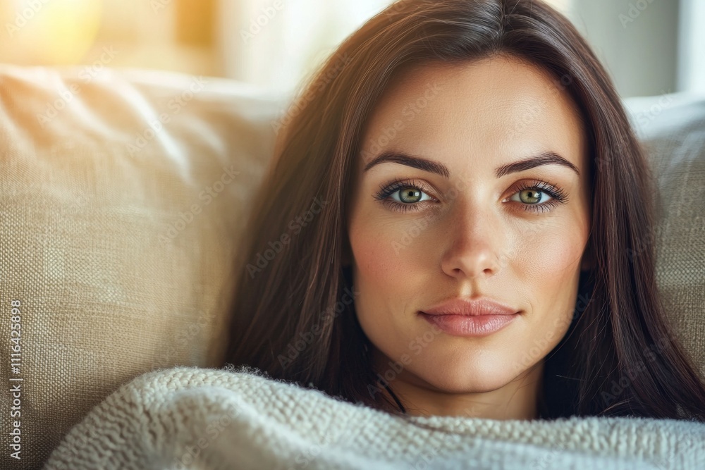 Serene young caucasian female relaxing indoors in soft light Serene young caucasian female relaxing indoors in soft light
