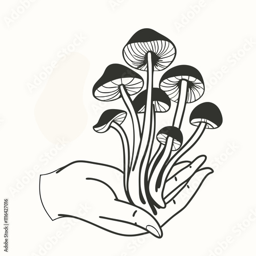 a black and white illustration of a hand holding a bunch of mushrooms.