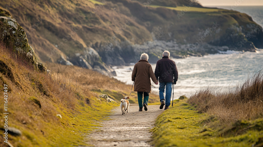 Obraz premium An elderly couple walking their small dog along a scenic coastal path.