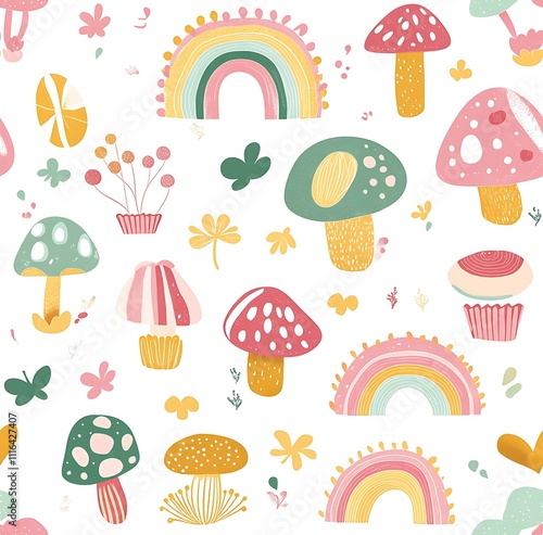 Cute pastel goth St. Patrick's Day seamless pattern, featuring mushrooms and rainbows