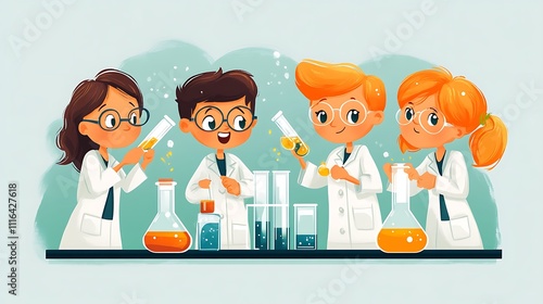 A group of children conducting science experiments in a lab setting.