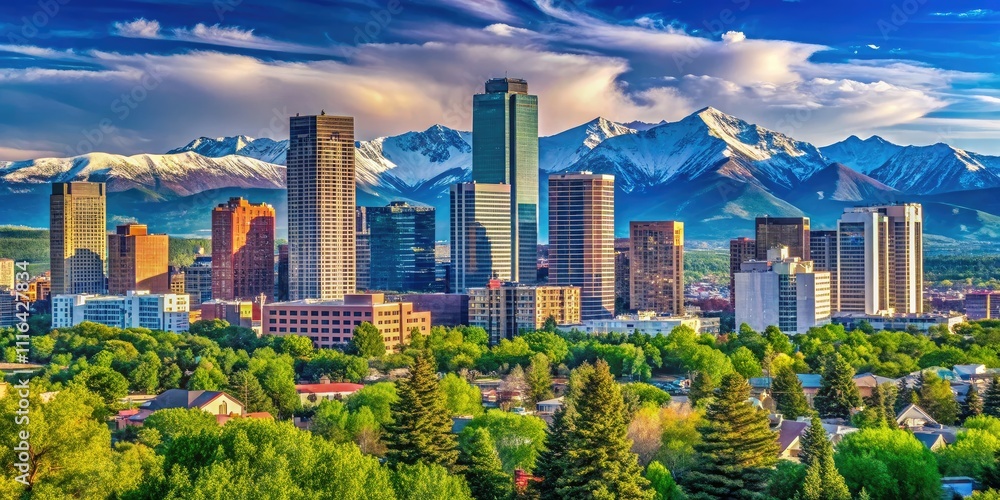 Obraz premium Majestic Rocky Mountains meet Denver's skyline in harmony, showcasing architectural beauty, vibrant city life, and breathtaking nature against a brilliant blue sky.
