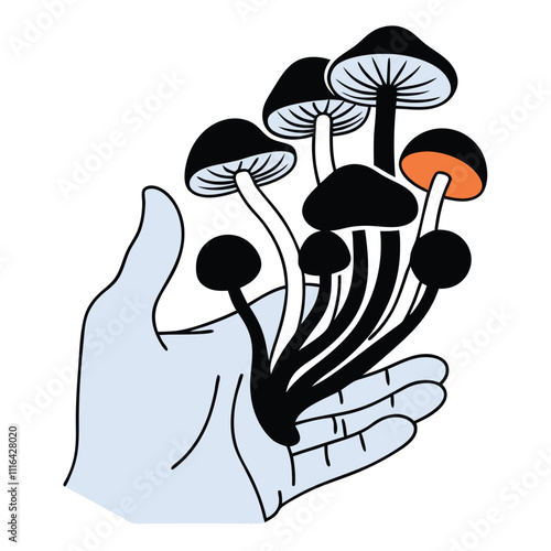 a black and white illustration of a hand holding a bunch of mushrooms.
