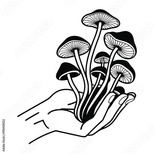 a black and white illustration of a hand holding a bunch of mushrooms.