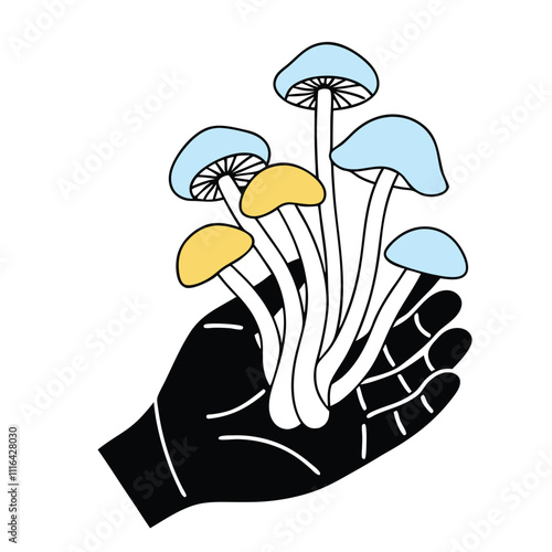 a black and white illustration of a hand holding a bunch of mushrooms.