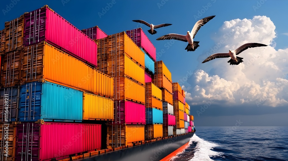 Fototapeta premium Dramatic cargo ship carrying colorful shipping containers navigates the vast expanse of the open ocean with stormy clouds overhead and seabirds soaring in the cinematic hyper detailed landscape