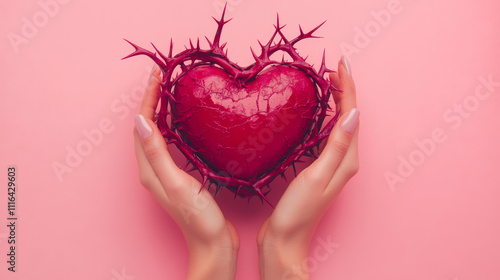 Broken Heart with spikes in hands. Break Love symbol or medical health care problems. Repairing  Cracked heart as concept of new relationship