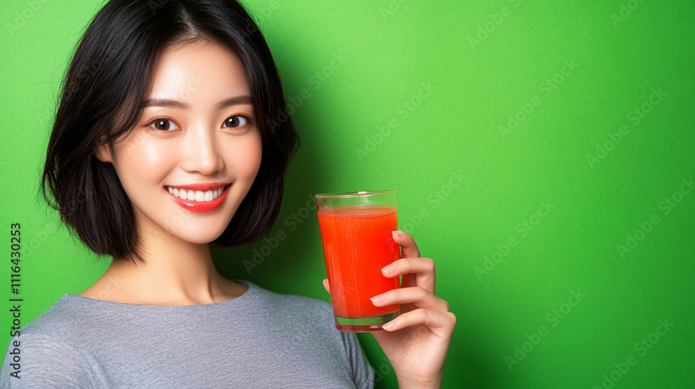 Smiling Asian woman with short hair holds a glass of red tomato juice against green background, embracing a healthy lifestyle. Copy space. Smiling Asian woman with short hair holds a glass of red tomato juice against green background, embracing a healthy lifestyle. Copy space.