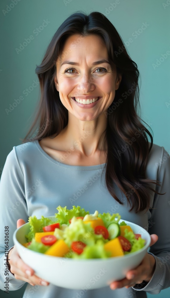 Smiling Woman Holding a Bowl of Fresh Green Salad with Tomatoes and Cucumbers Healthy Eating Concept Smiling Woman Holding a Bowl of Fresh Green Salad with Tomatoes and Cucumbers Healthy Eating Concept