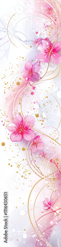 A soft flowing abstract of pink and gold lines and shapes on white background. 