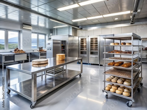 Modern bakery kitchen features double exposure of resin vinyl flooring, convection oven, freezer, kneading machine, and professional culinary equipment for an elevated baking experience.