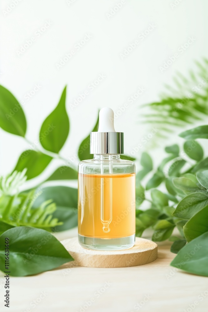 Glass dropper bottle with yellow serum, placed on wooden surface, surrounded by green leaves, natural light, bright background Glass dropper bottle with yellow serum, placed on wooden surface, surrounded by green leaves, natural light, bright background