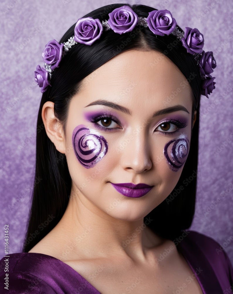 Naklejka premium Mystical Japanese Valentine with Purple Roses and Artistic Makeup