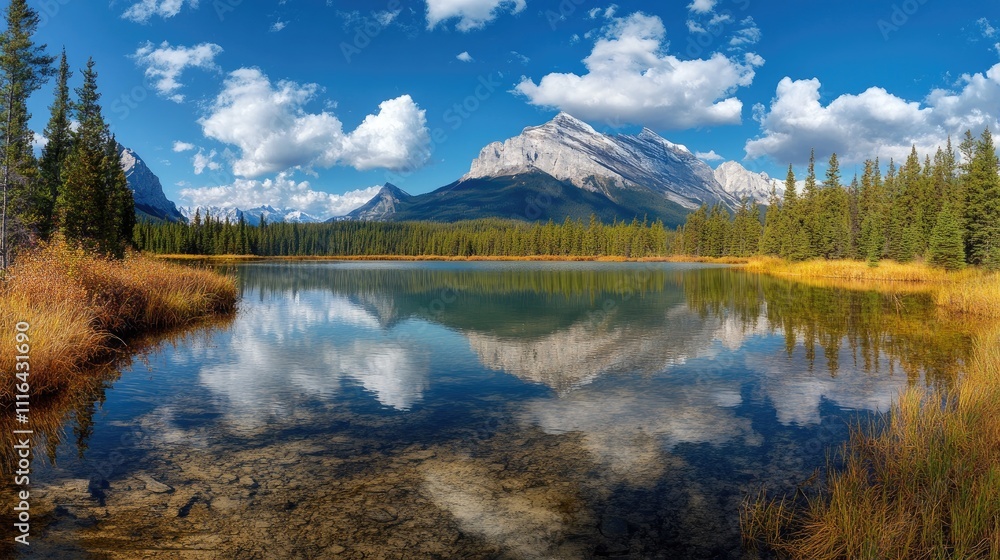 Calm lake reflecting mountains under a blue sky with fluffy clouds and autumnal foliage. Calm lake reflecting mountains under a blue sky with fluffy clouds and autumnal foliage.