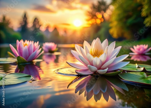 Morning light casts a serene glow on tranquil waterlilies, reflecting vibrant blooms and gentle ripples, creating an ethereal landscape of botanical harmony and peace.