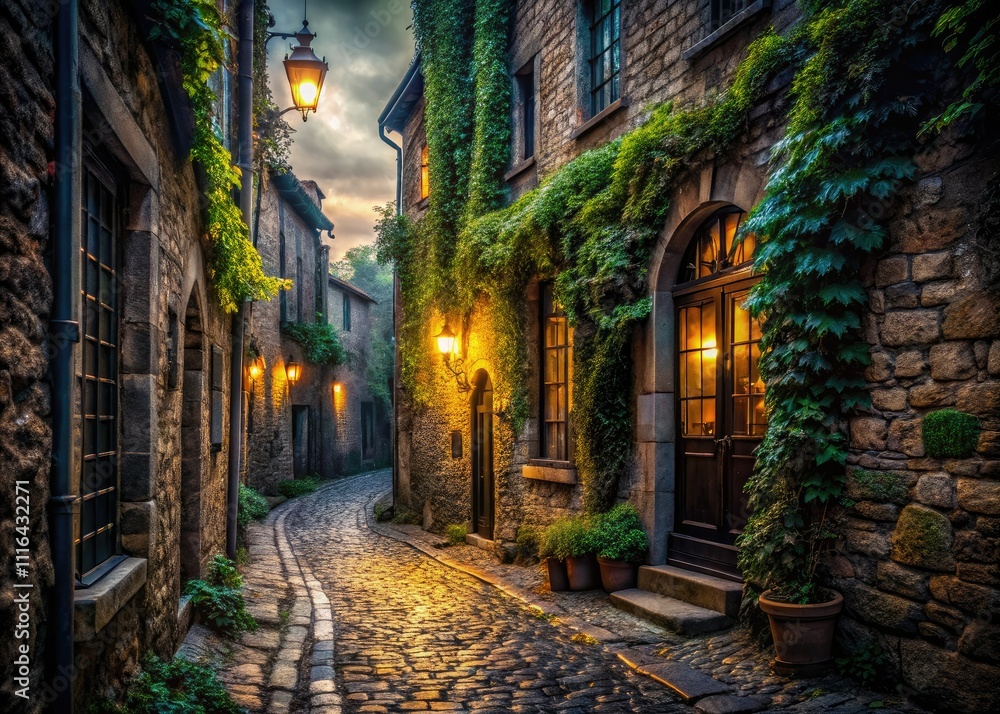 Fototapeta premium Mysterious narrow cobblestone alley, enveloped in shadows, revealing forgotten town's haunting beautyâ€”captivating architectural photography that tells stories of a time long past.