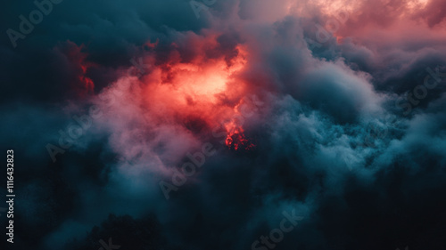 Dark dramatic clouds illuminated by fiery red light, creating a surreal atmospheric scene with abstract cinematic aesthetics. photo