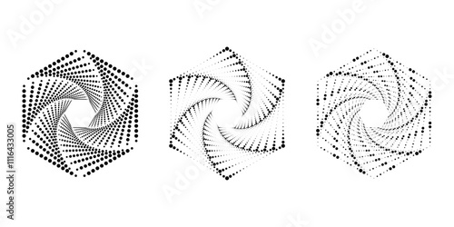 Set of black dotted hexagonal shapes. Geometric art. Trendy design element for frame, logo, tattoo, sign, symbol, web, social media, prints, posters, template, pattern and abstract background