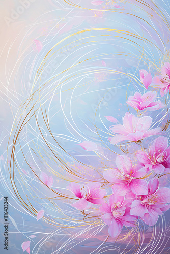 A soft flowing abstract of pink and gold lines and shapes on white background. 