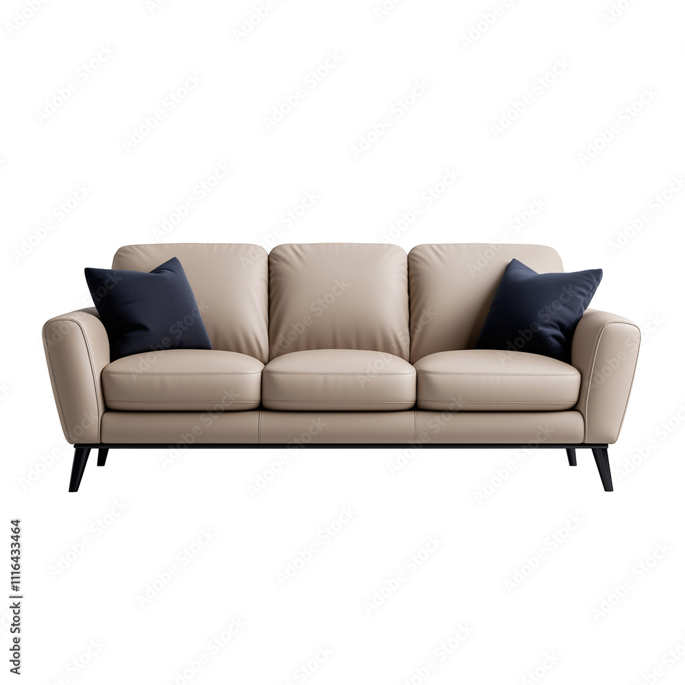 Fototapeta premium Modern beige leather sofa with navy blue pillows isolated on a transparent background