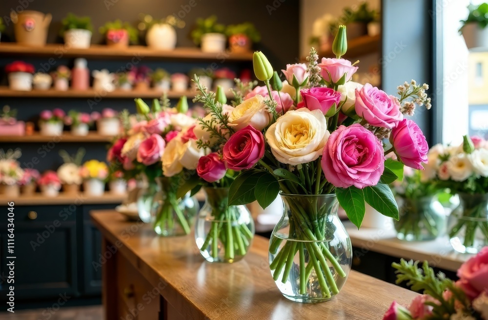 Obraz premium Bouquets of various flowers in glass vases are displayed for sale on the counter of a flower shop. The concept of a flower shop and delivery.
