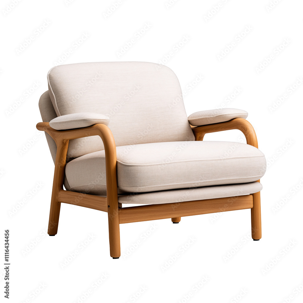 Modern comfortable Scandinavian style white beige armchair with wooden legs, white fabric isolated on a transparent background Modern comfortable Scandinavian style white beige armchair with wooden legs, white fabric isolated on a transparent background
