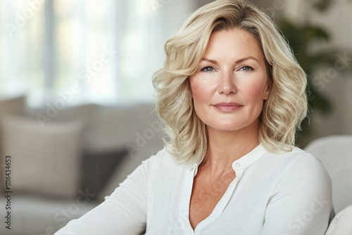 Blonde mature caucasian woman in white shirt relaxing at home