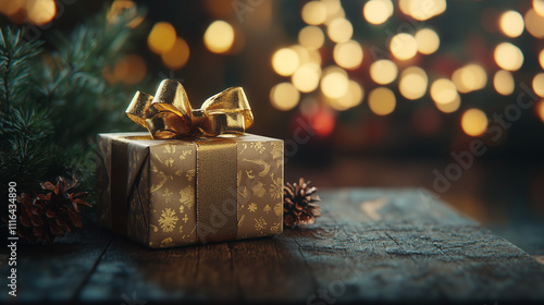 A beautifully wrapped Christmas gift box adorned with a golden ribbon sits on a rustic wooden table.  holiday-themed designs, gift ideas, and seasonal greetings.