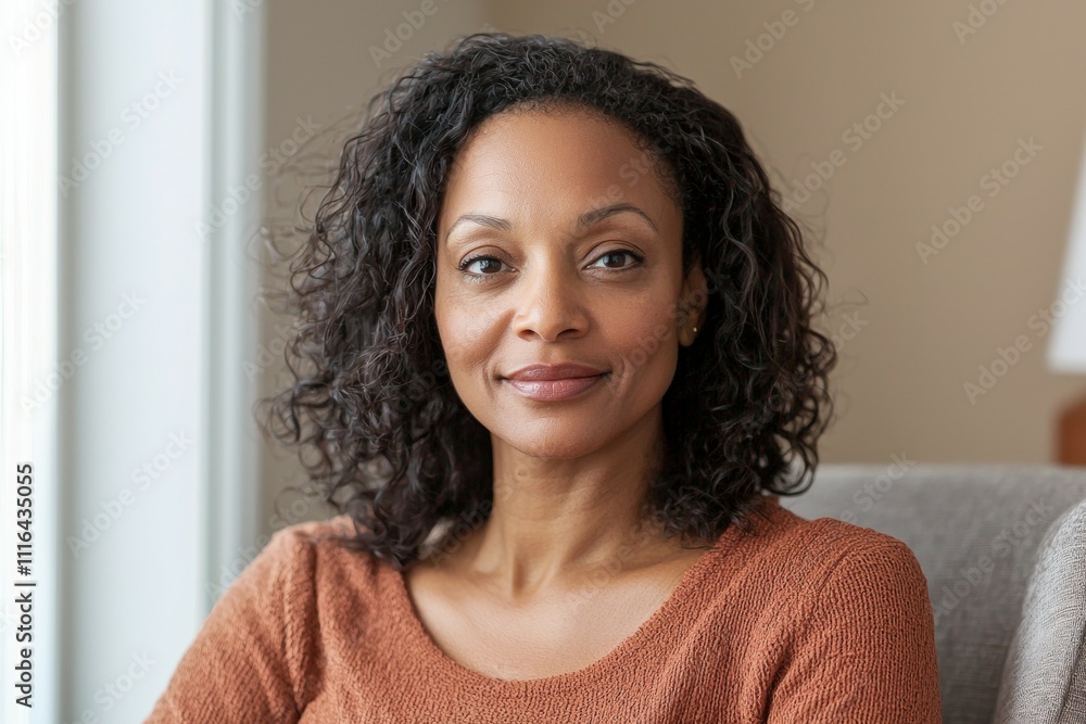 Confident african female adult with curly hair in casual attire Confident african female adult with curly hair in casual attire