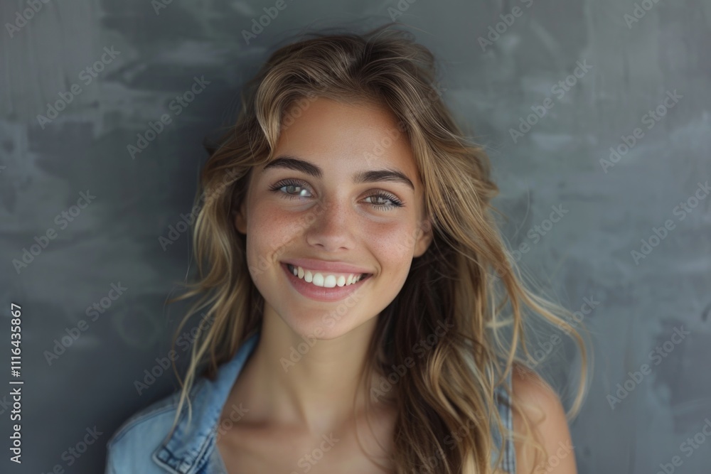 Female Smile. Pretty Young Woman with Fair Hair Smiling Joyfully in Studio Shot Female Smile. Pretty Young Woman with Fair Hair Smiling Joyfully in Studio Shot