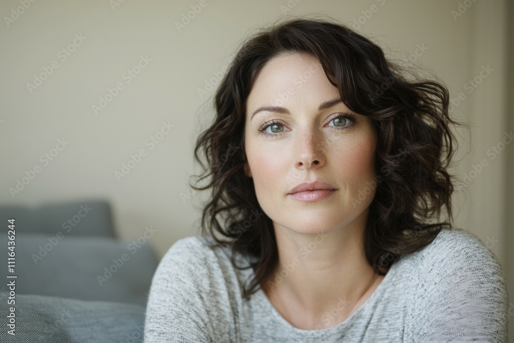 Caucasian female adult with curly brown hair in casual attire Caucasian female adult with curly brown hair in casual attire
