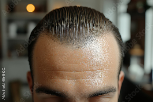 Close-up portrait of man with slicked back hair in moody lighting photo